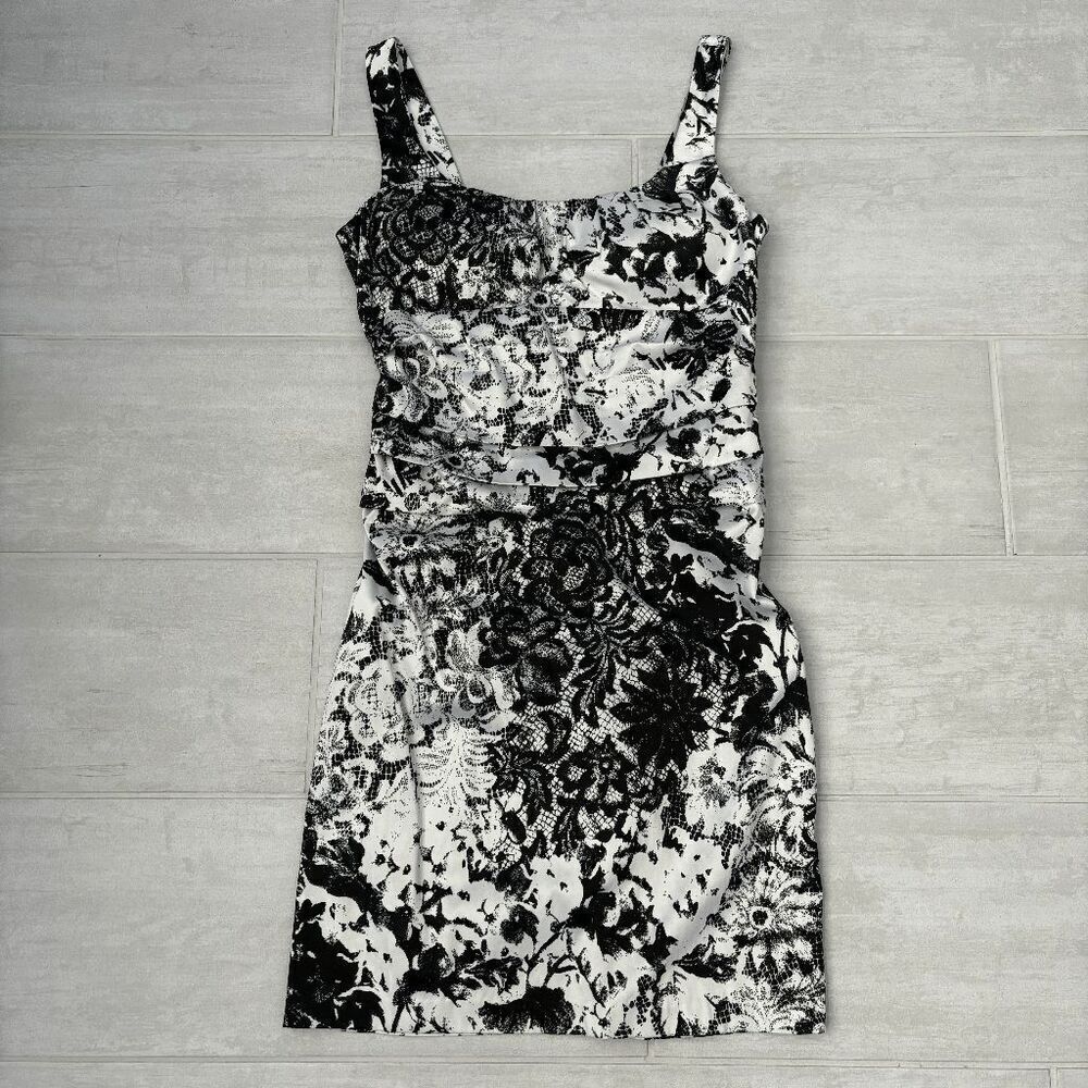 Bisou Bisou Mini Dress Ruched Black & White Floral Print Cocktail Sleeveless 8